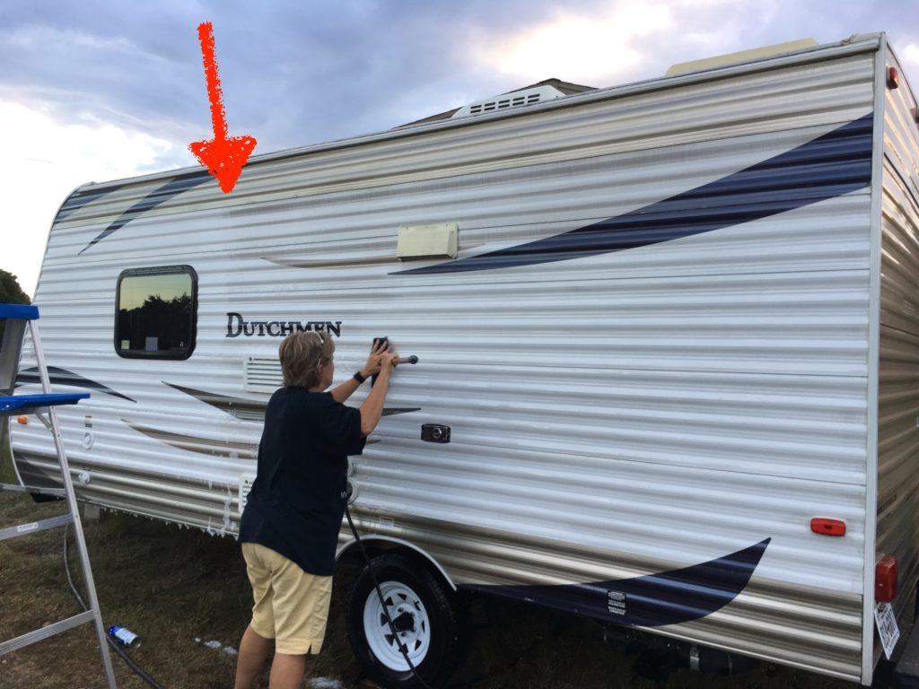 Travel Trailer RV Showing Clean Dirty Line After scrubbing unit